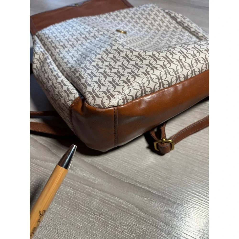 Fossil Vegan Monogram Coated Canvas Backpack Flap Closure Bag Travel‎ Minimalist